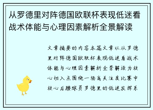 从罗德里对阵德国欧联杯表现低迷看战术体能与心理因素解析全景解读 从罗德里对阵德国欧联杯表现低迷看战术体能与心理因素解析全景解读