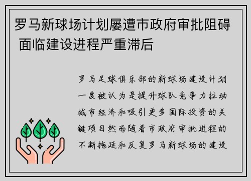 罗马新球场计划屡遭市政府审批阻碍 面临建设进程严重滞后