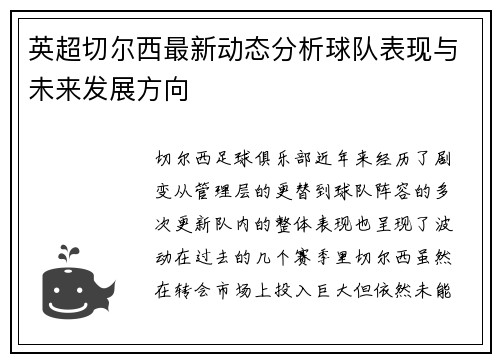 英超切尔西最新动态分析球队表现与未来发展方向 英超切尔西最新动态分析球队表现与未来发展方向